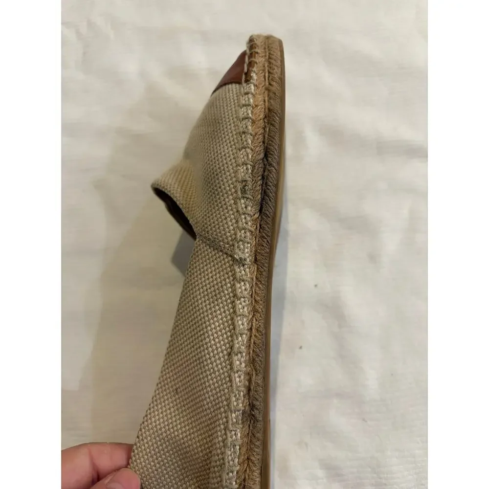 Tory Burch Womens 9 Flat Espadrille Canvas Cream Brown Slip On Leather Cap Toe